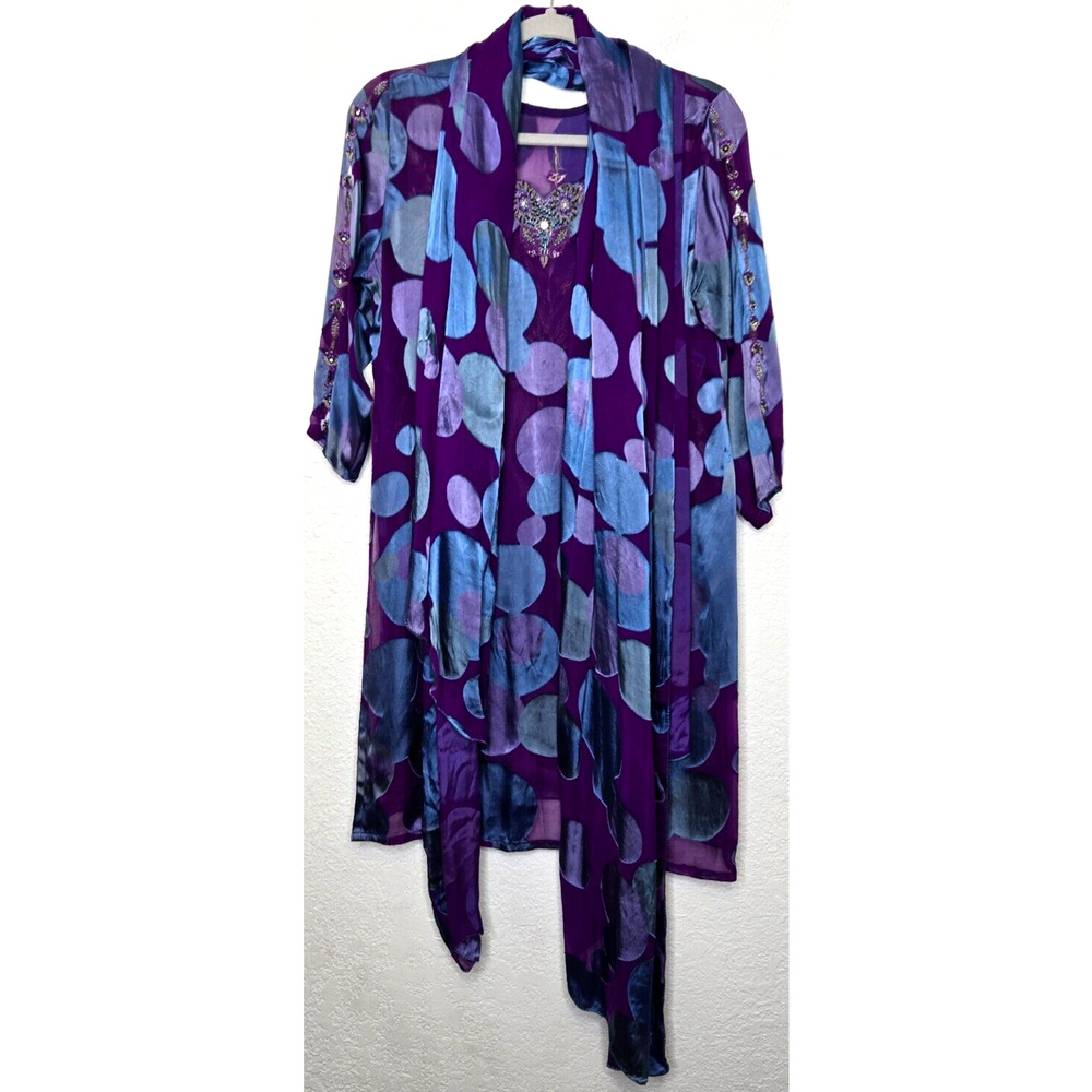 Vintage Womens‎ Dress Scarf Set Purple Blue Silk Beaded Embellished Indian Satin